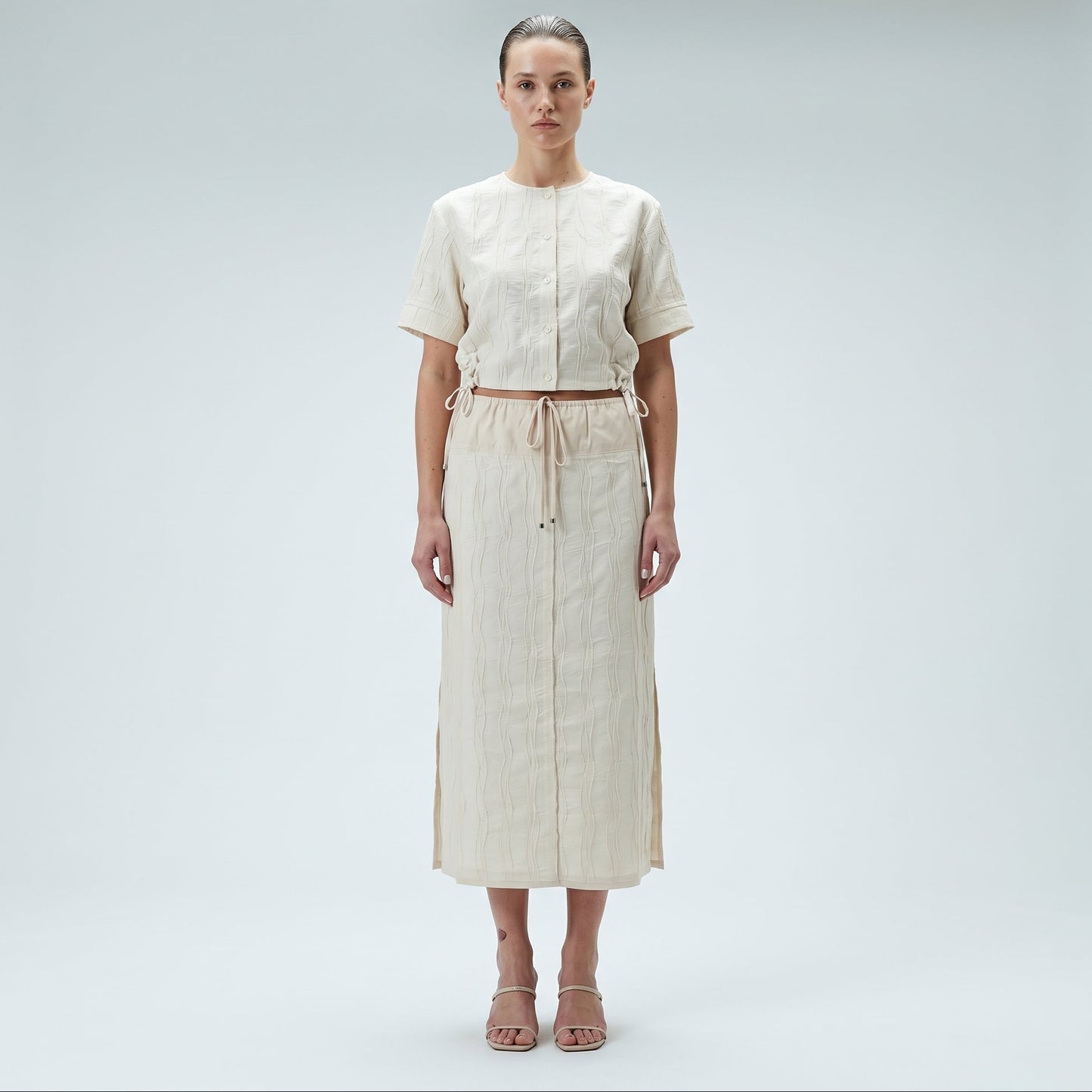 Textured Drawstring Midi Skirt