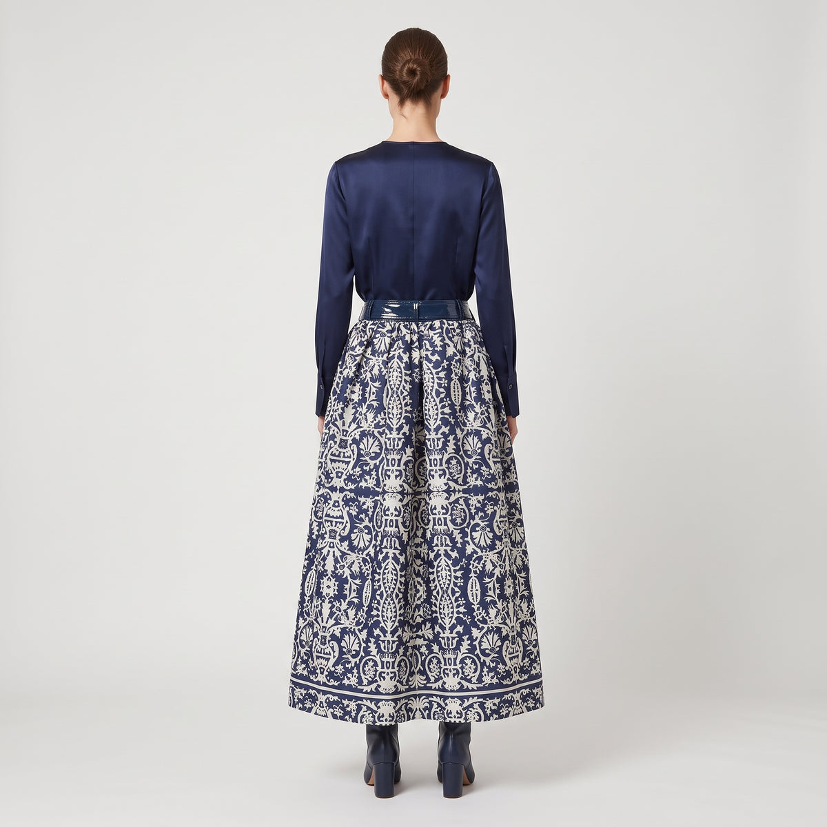 Damask Print Pleated Midi Skirt