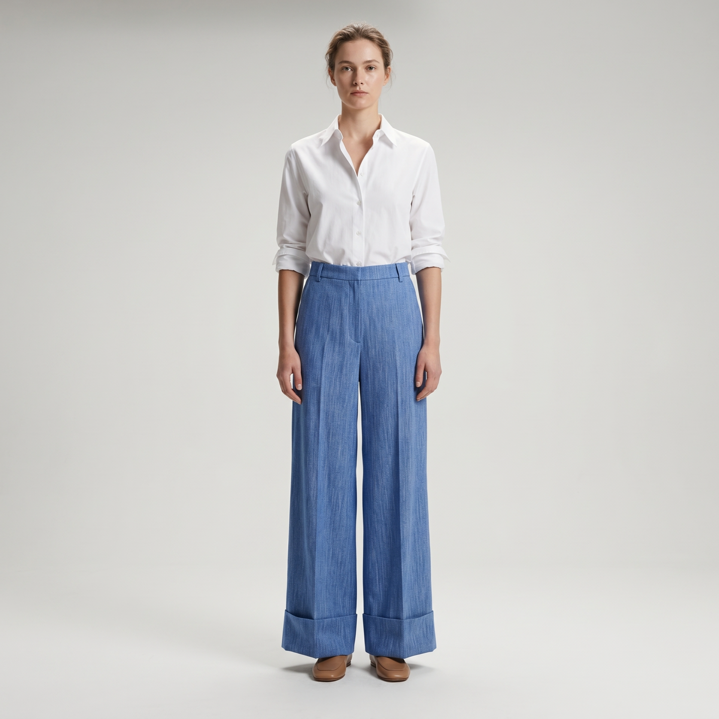 Tailored Wide-Leg Cuffed Trousers
