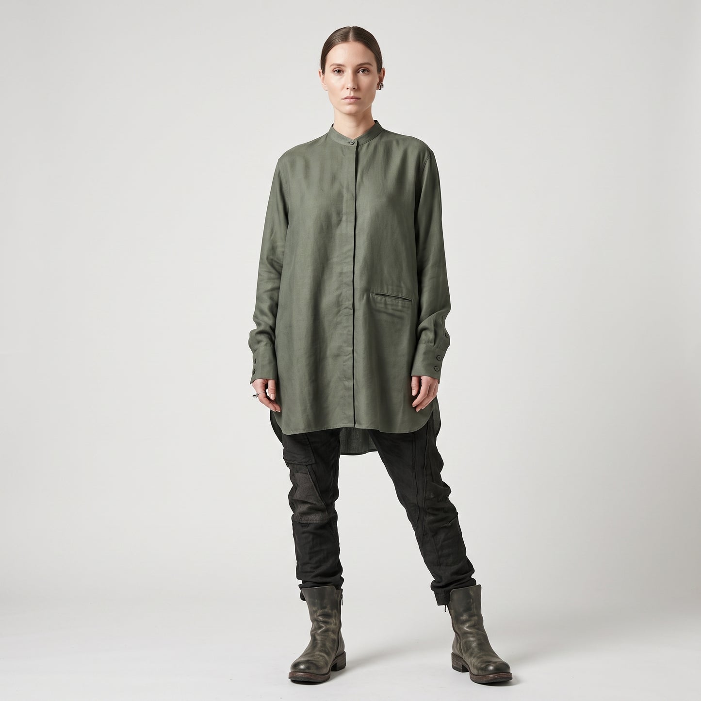 Olive Green Mandarin Collar Shirt
