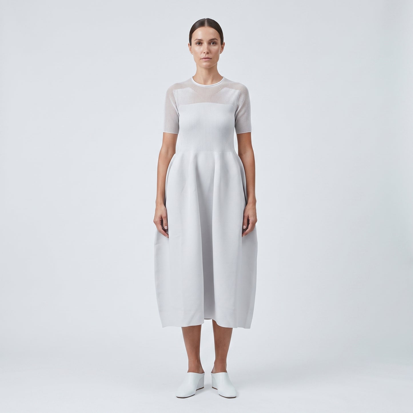 Pleated Ribbed Knit Midi Dress
