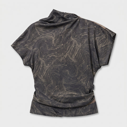 Draped Marble Print Asymmetric Top