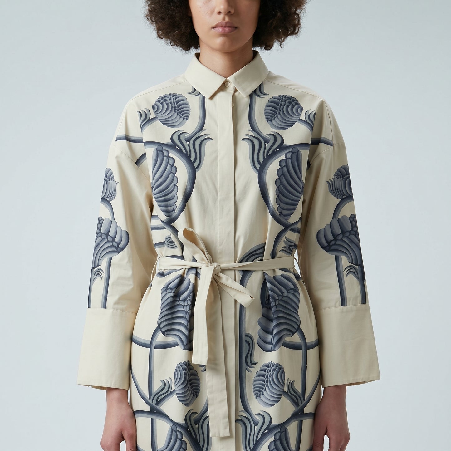 Embroidered Floral Belted Coat Dress