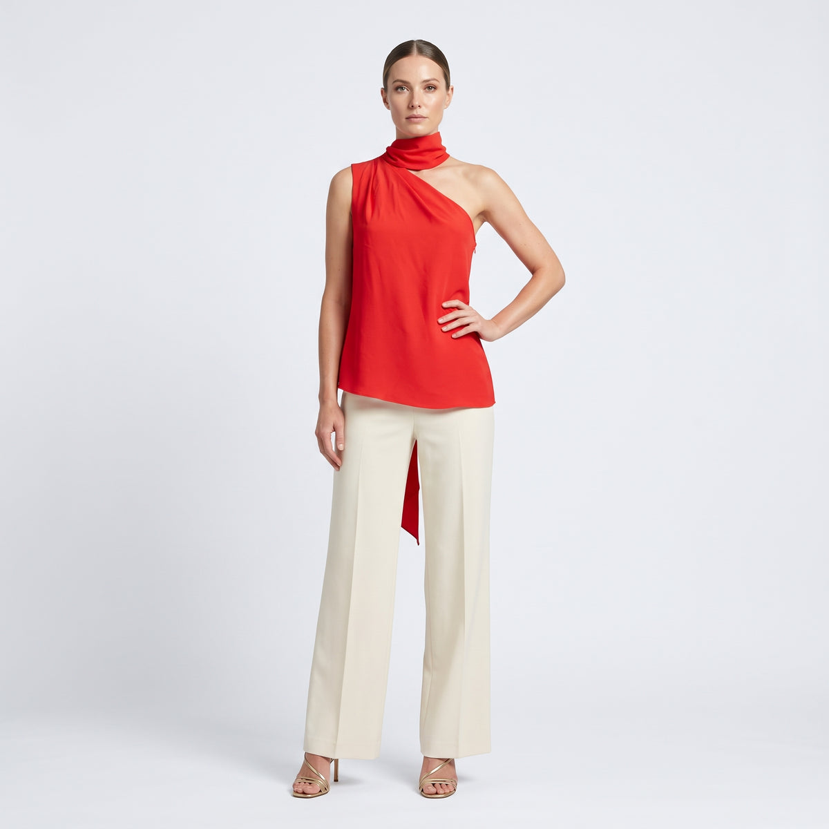 Asymmetric Mock Neck Red Top