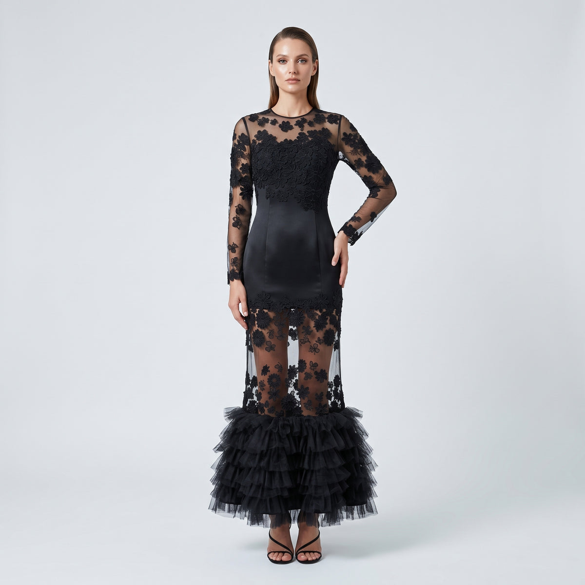 Embroidered Sheer Ruffle Evening Gown