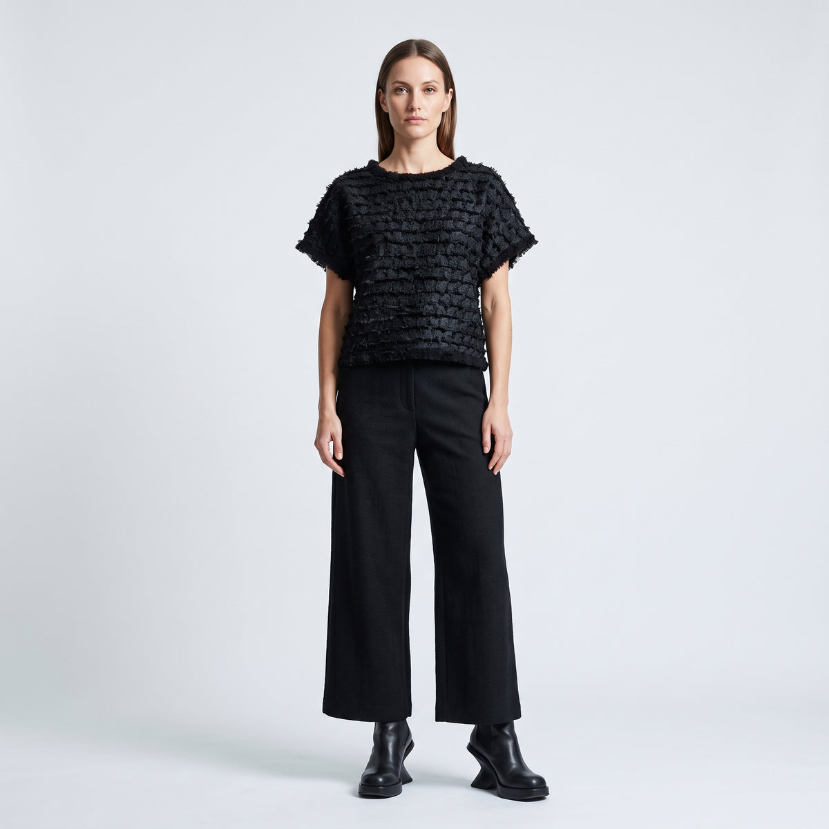 Textured Black Fringed Top