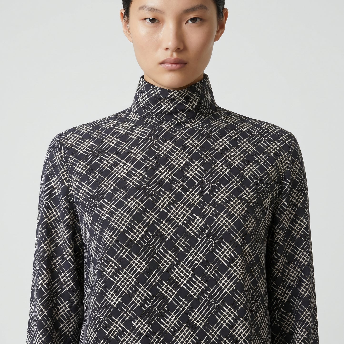 Checkered High-Neck Long-Sleeve Shirt