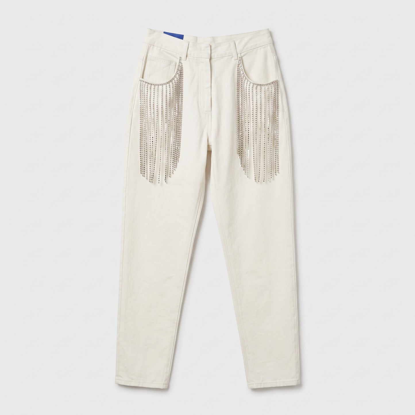Crystal Embellished Ivory Denim Trousers