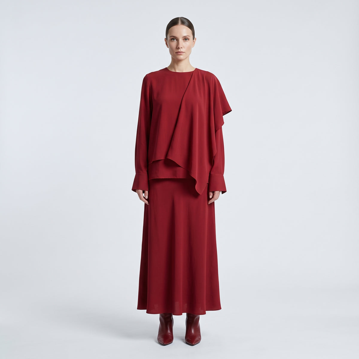Red Asymmetric Ruffle Hem Blouse