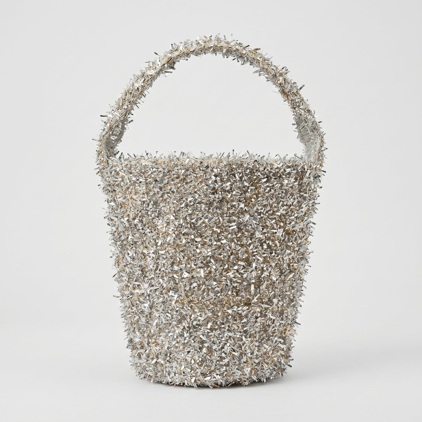 Shimmering Metallic Fringe Bucket Bag