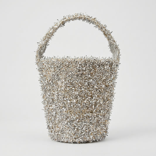 Shimmering Metallic Fringe Bucket Bag