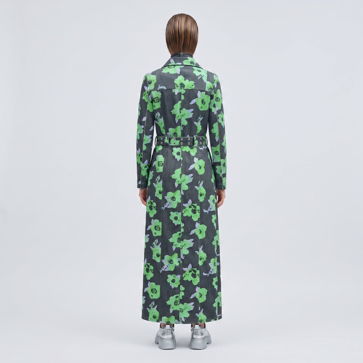 Floral Print Belted Denim Coat