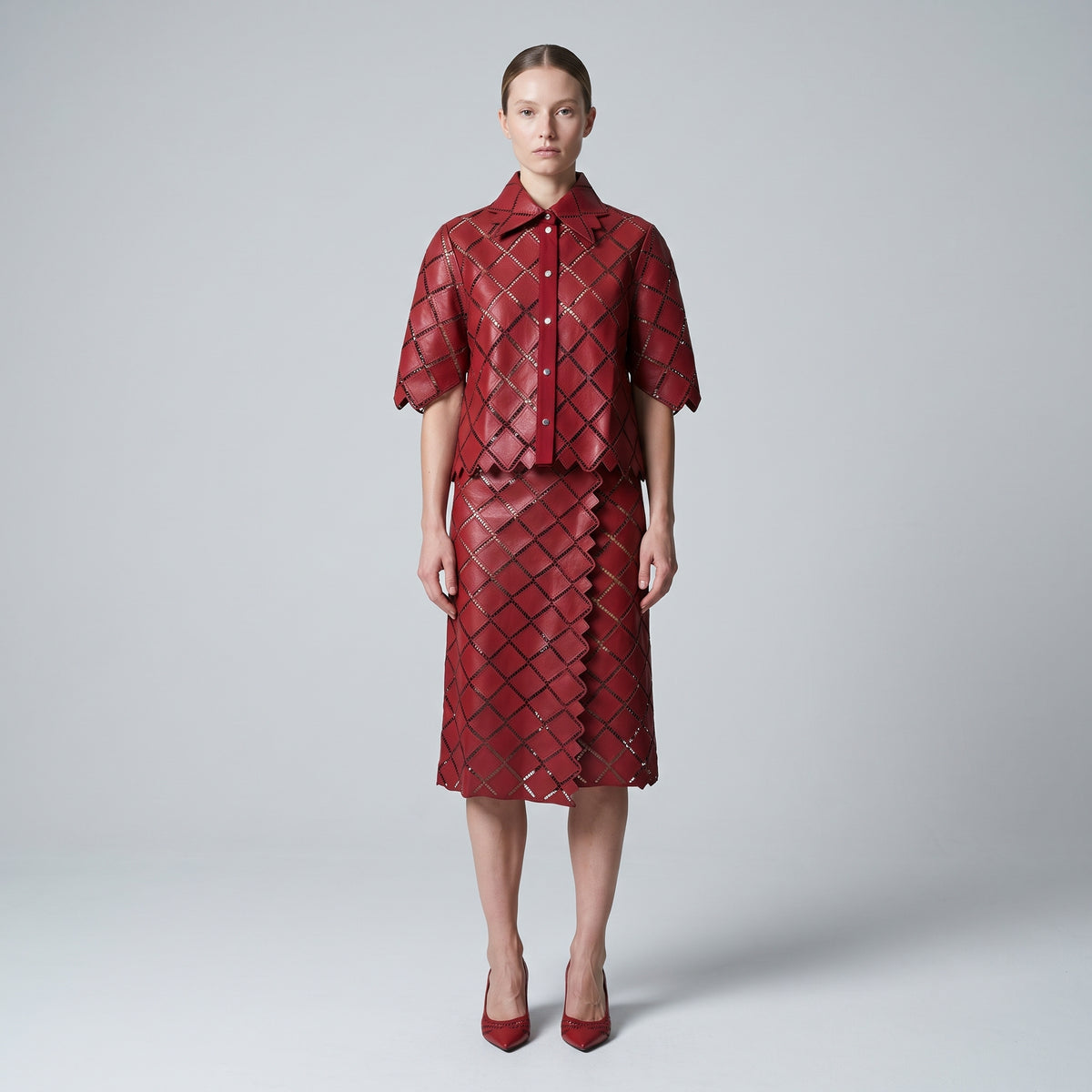 Lattice Cutout Leather Midi Skirt