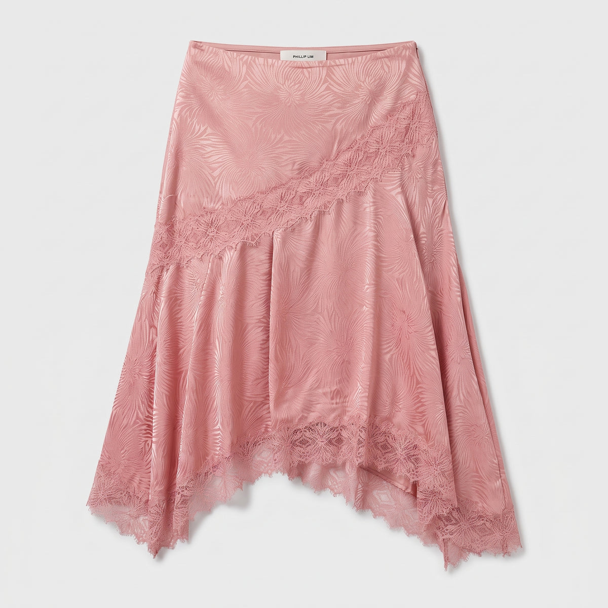 Lace-Trimmed Pink Satin Skirt
