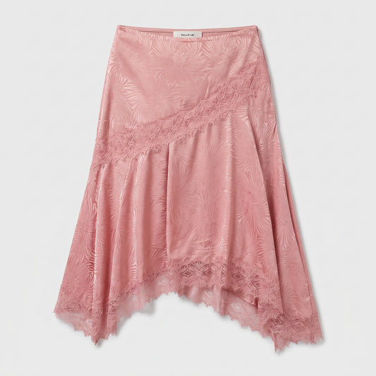 Lace-Trimmed Pink Satin Skirt