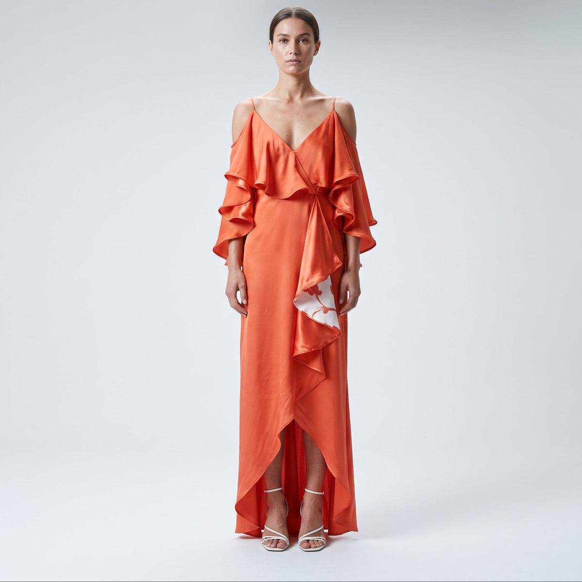 Ruffled Cold Shoulder Silk Dress