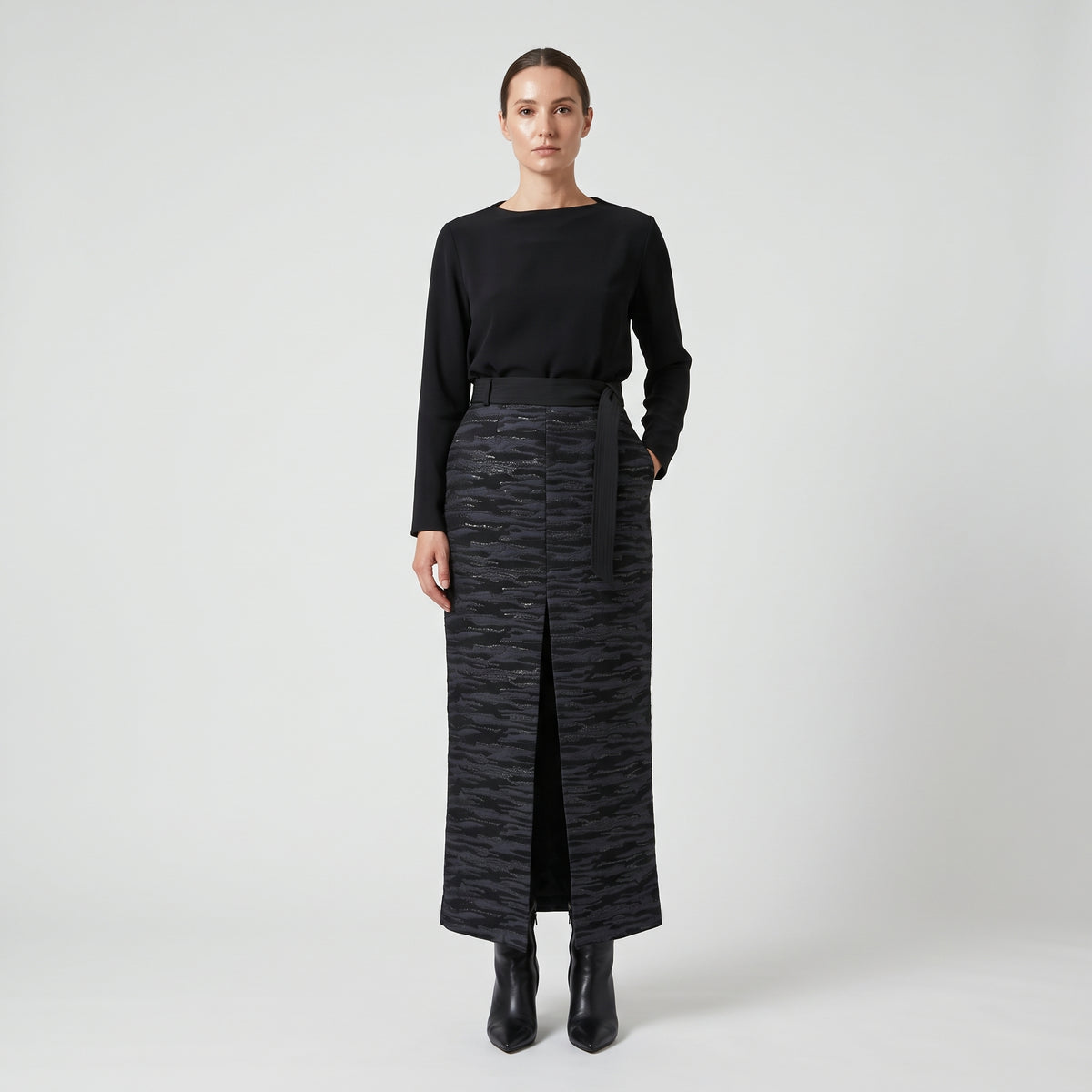 Bow-Detailed Midnight Jacquard Skirt