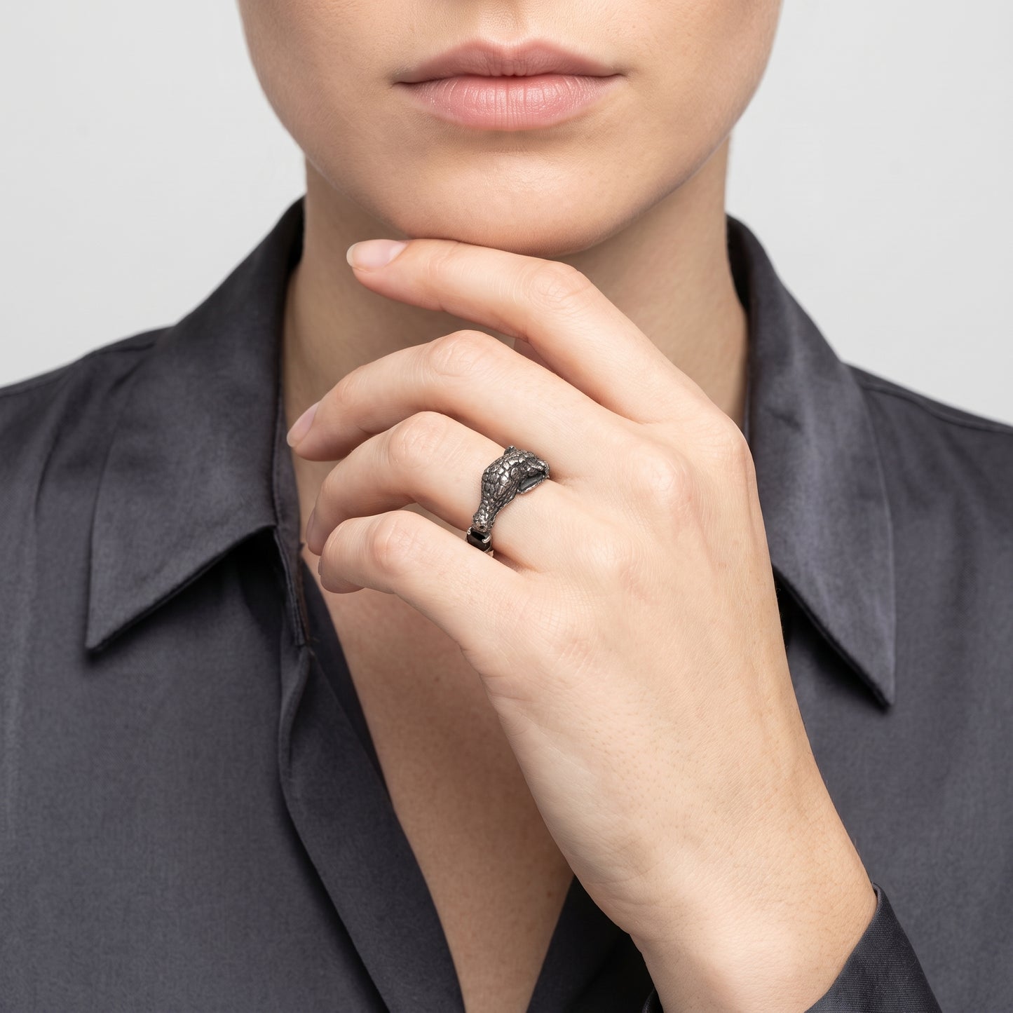 Oxidized Silver Crocodile Statement Ring