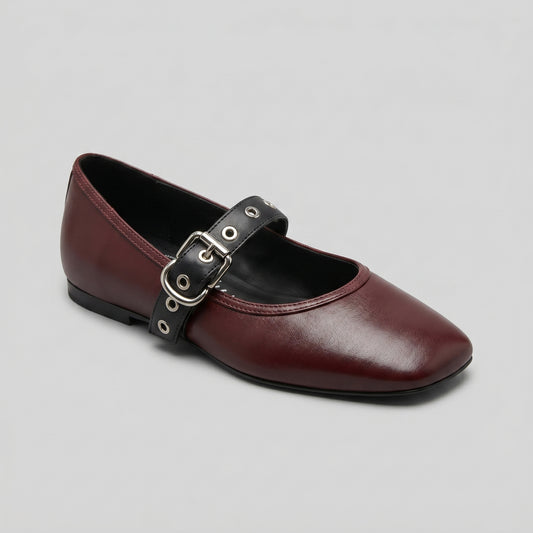 Burgundy Buckled Leather Flats