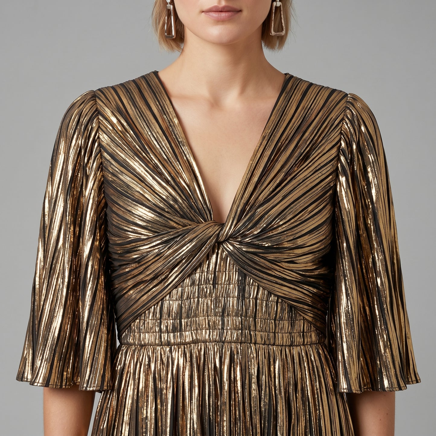 Metallic Pleated Gold Midi Dress