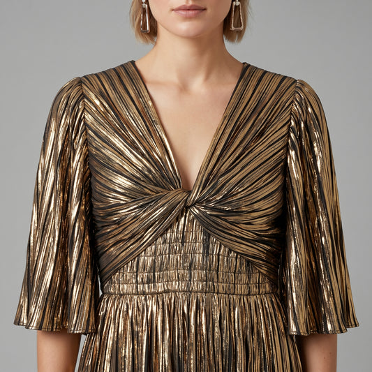 Metallic Pleated Gold Midi Dress