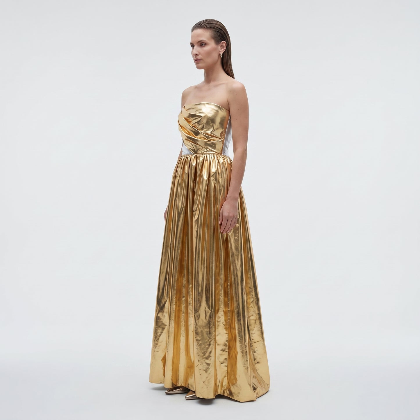 Metallic Gold Strapless Evening Gown