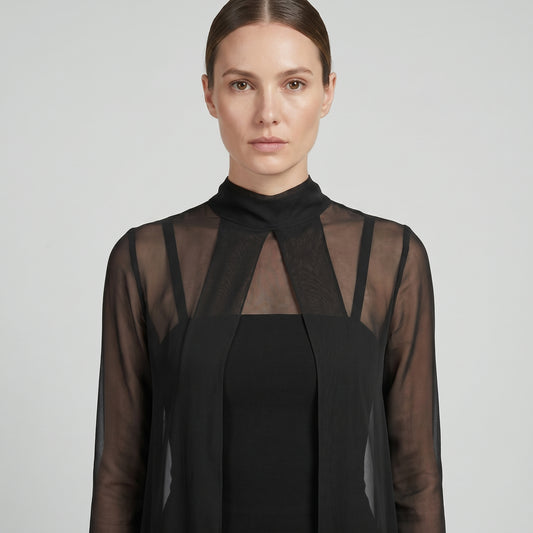 Asymmetric Sheer Mock Neck Top