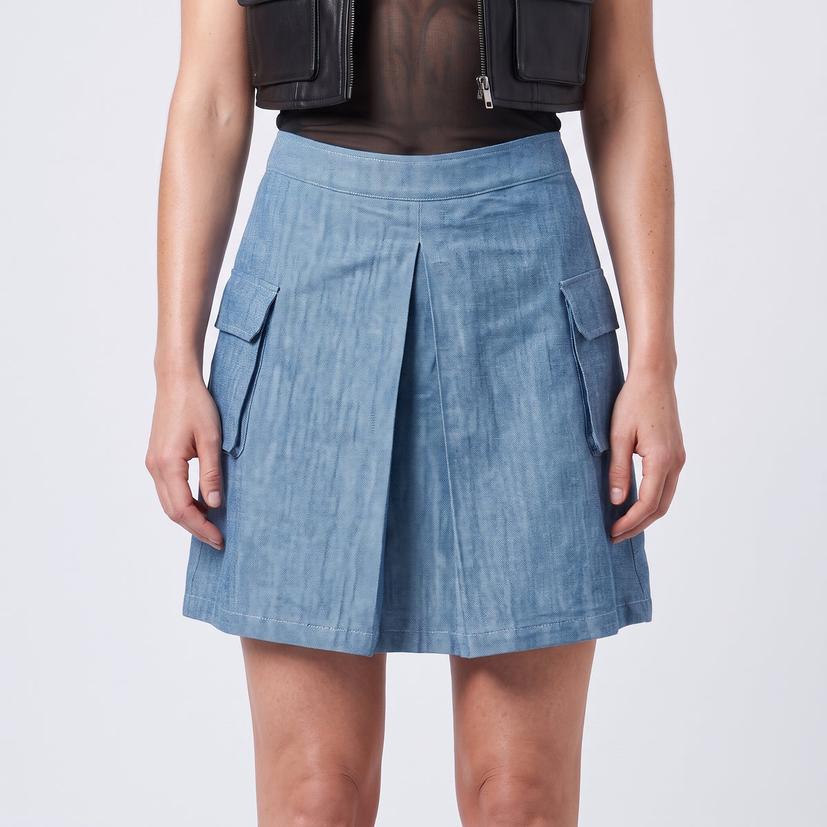 Blue Pleated Utility Mini Skirt