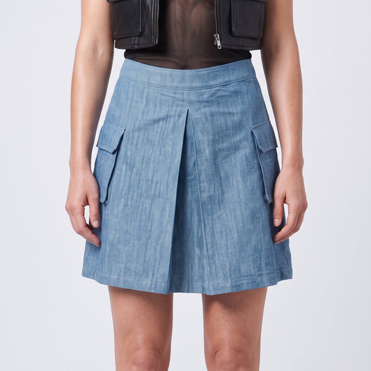 Blue Pleated Utility Mini Skirt