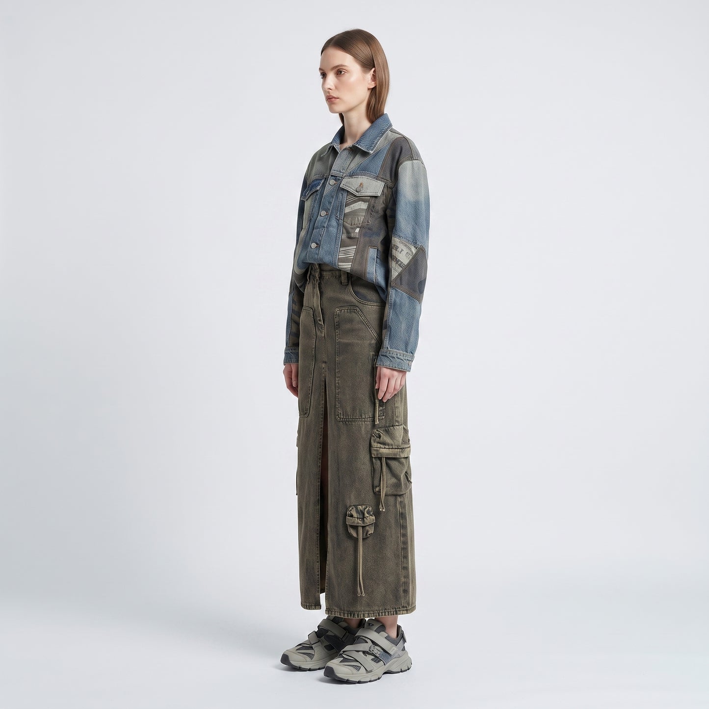 Acid Wash Denim Cargo Skirt