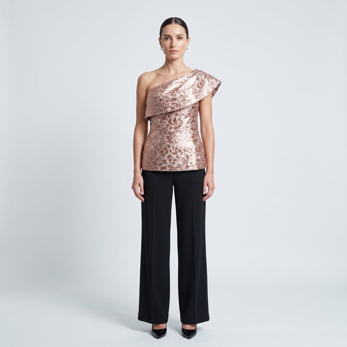 Metallic Brocade One-Shoulder Top