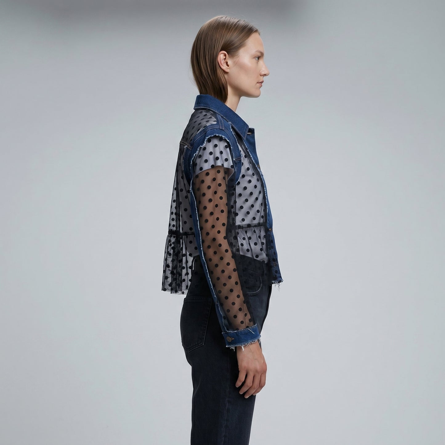 Polka Dot Denim Panel Jacket