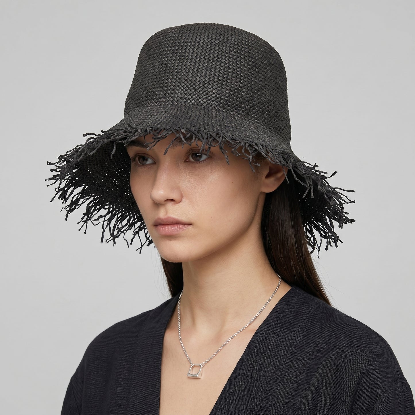 Fringed Woven Straw Bucket Hat