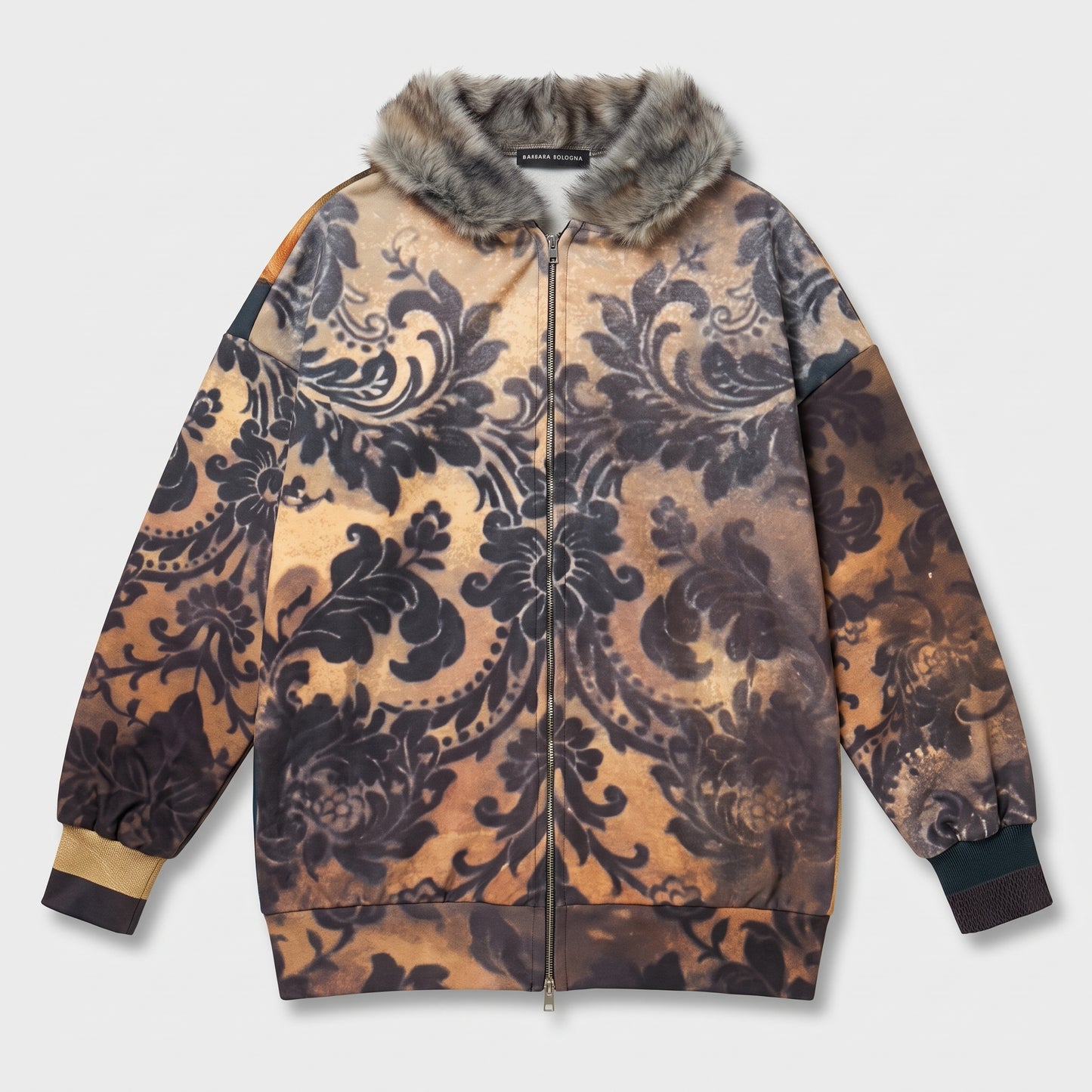 Damask Print Faux Fur Jacket