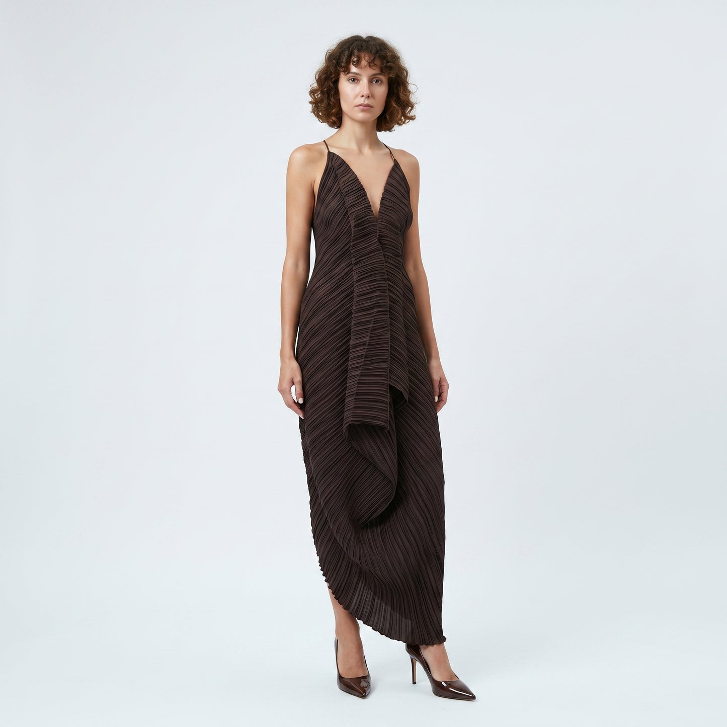 Pleated Asymmetric Cami Midi Dress