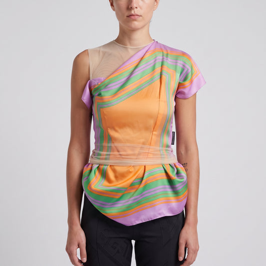 Abstract Print Draped Silk Top