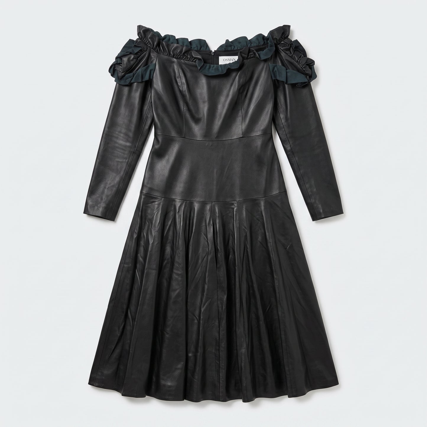 Ruffled Off-Shoulder Leather Dress
