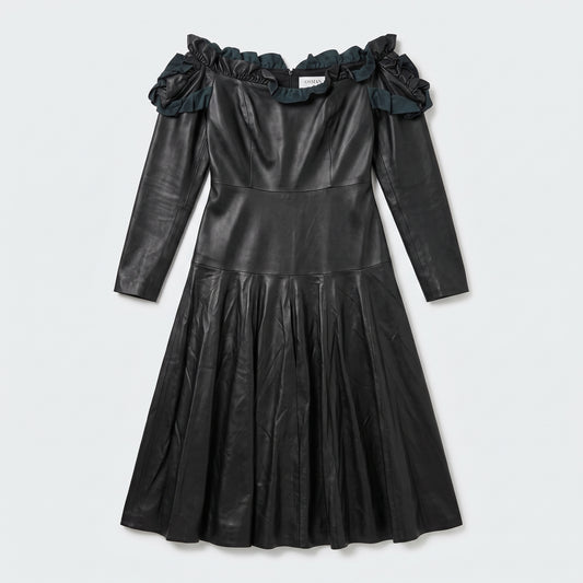 Ruffled Off-Shoulder Leather Dress