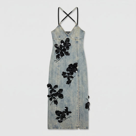 Floral Embellished Denim Midi Dress