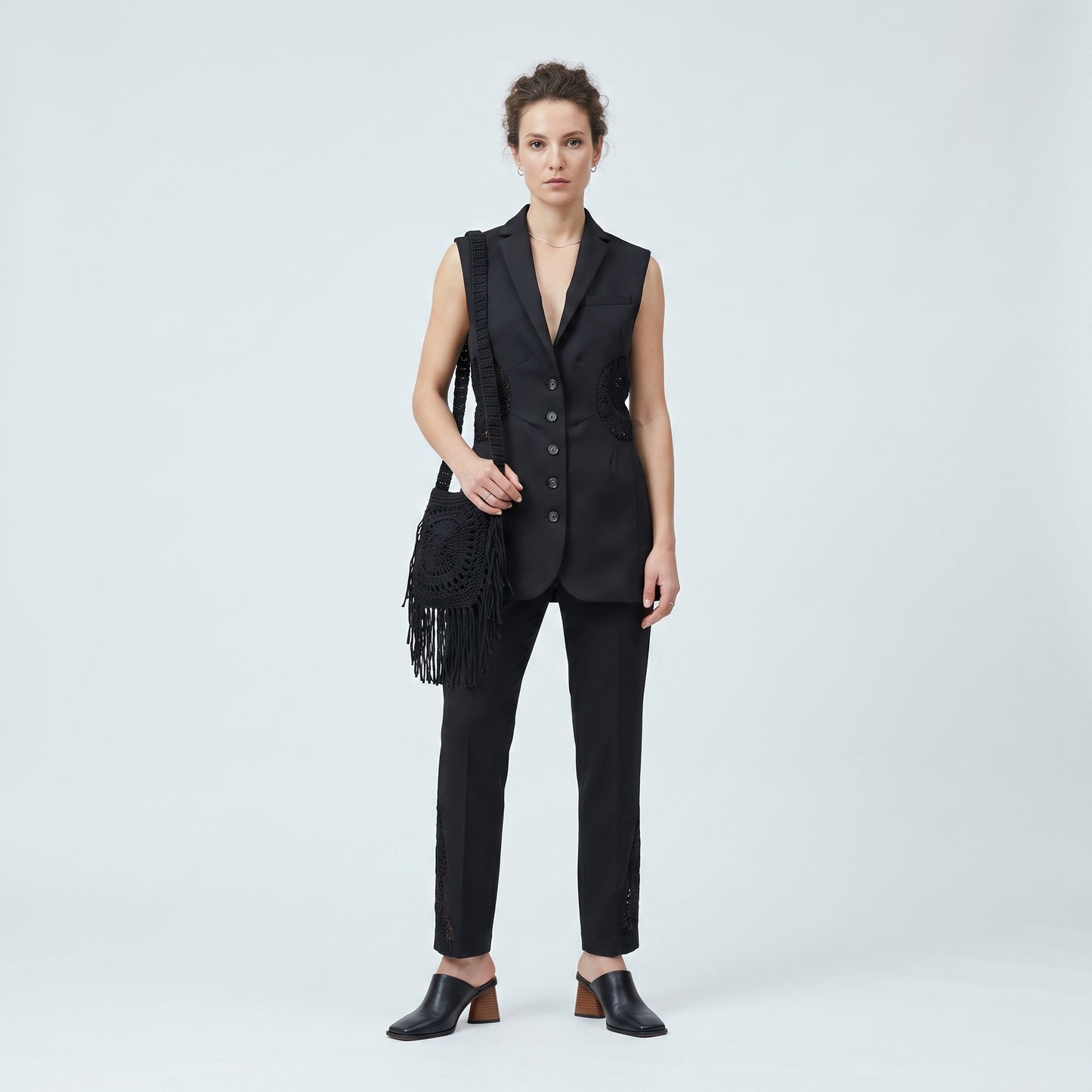 Tailored Lace-Paneled Black Vest