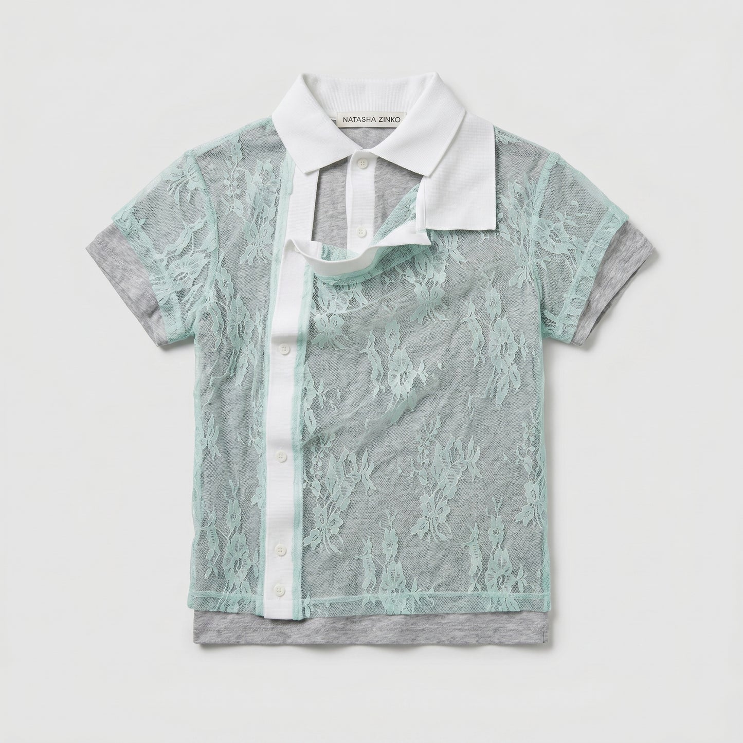 Lace Overlay Asymmetric Polo Top