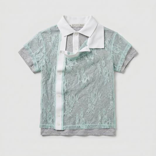Lace Overlay Asymmetric Polo Top