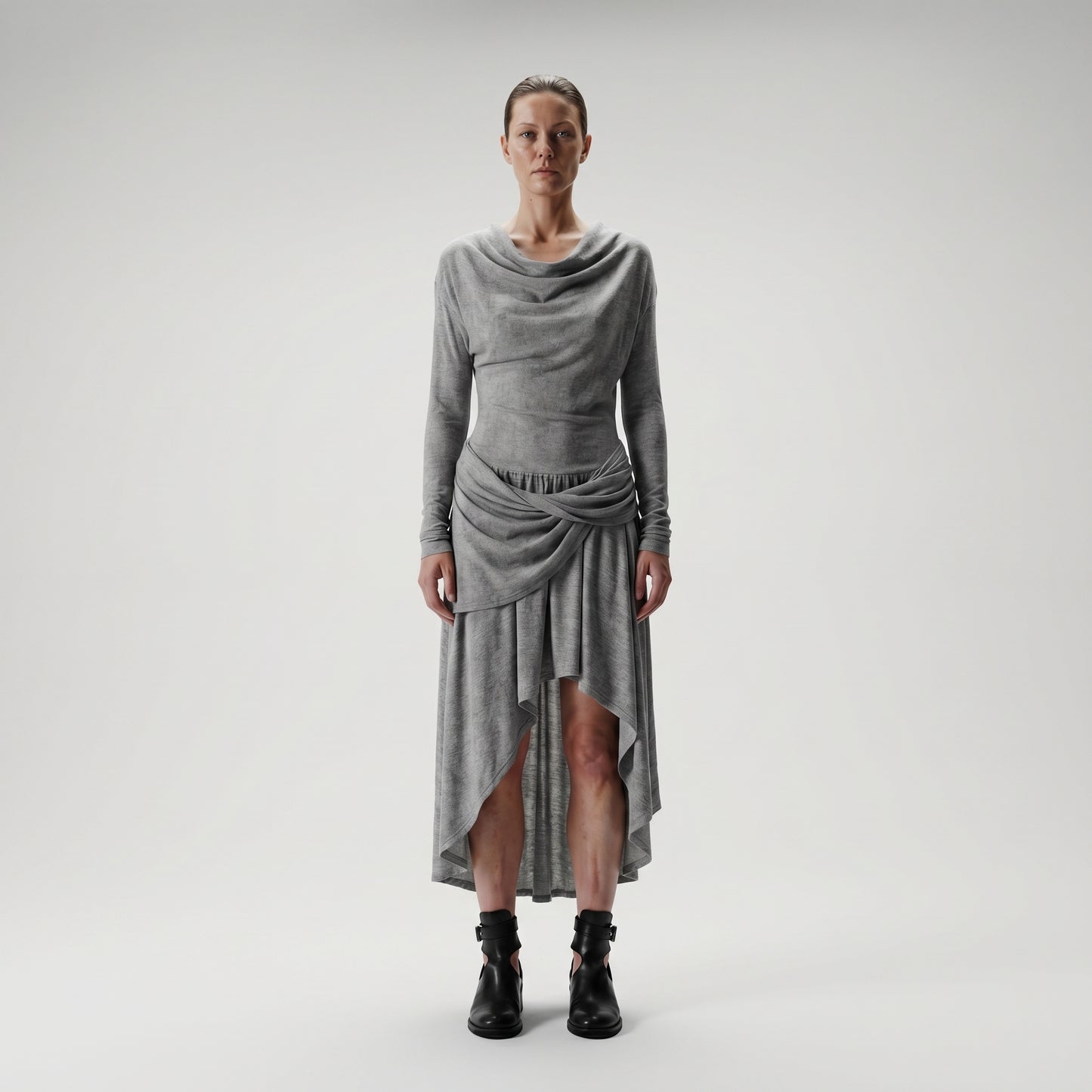 Grey Cowl Neck Draped Dress