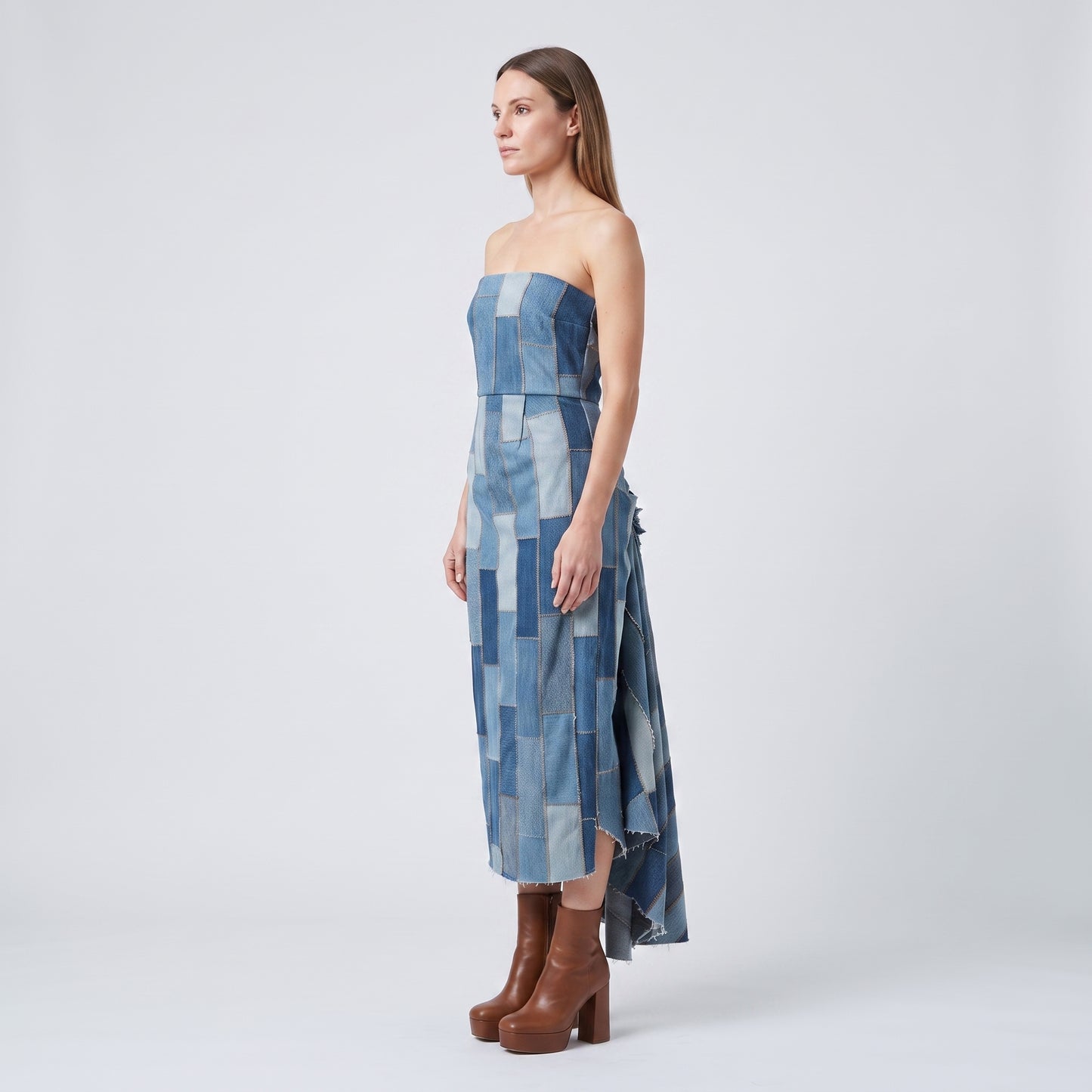 Patchwork Denim Strapless Midi Dress