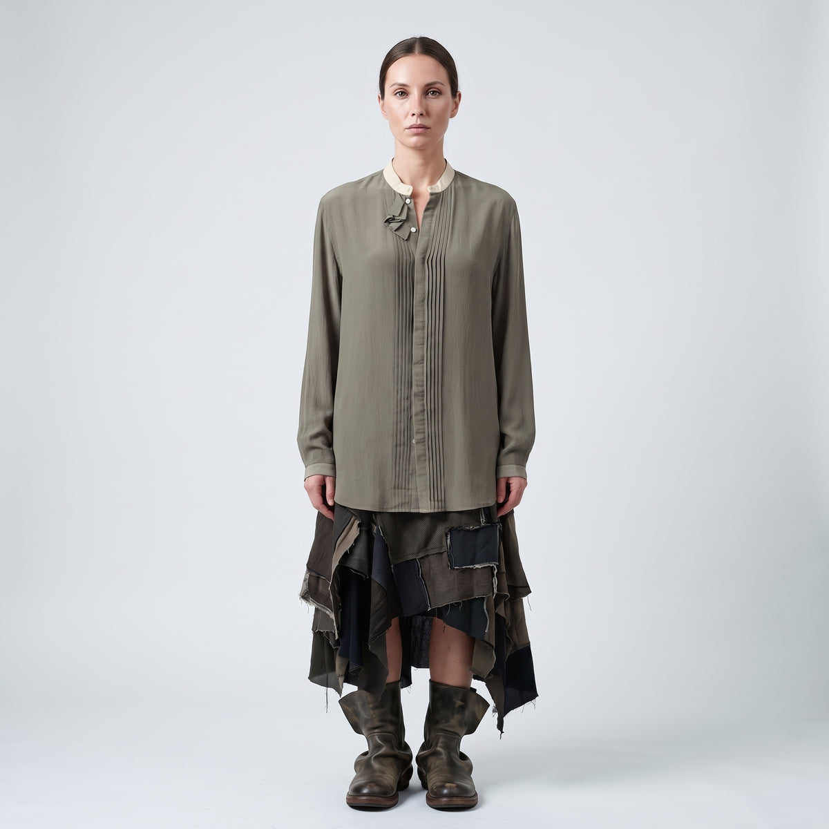 Pleated Detail Mandarin Collar Shirt