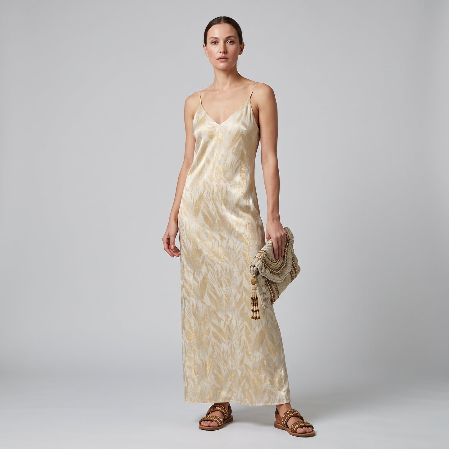 Metallic Leaf Print Slip Dress