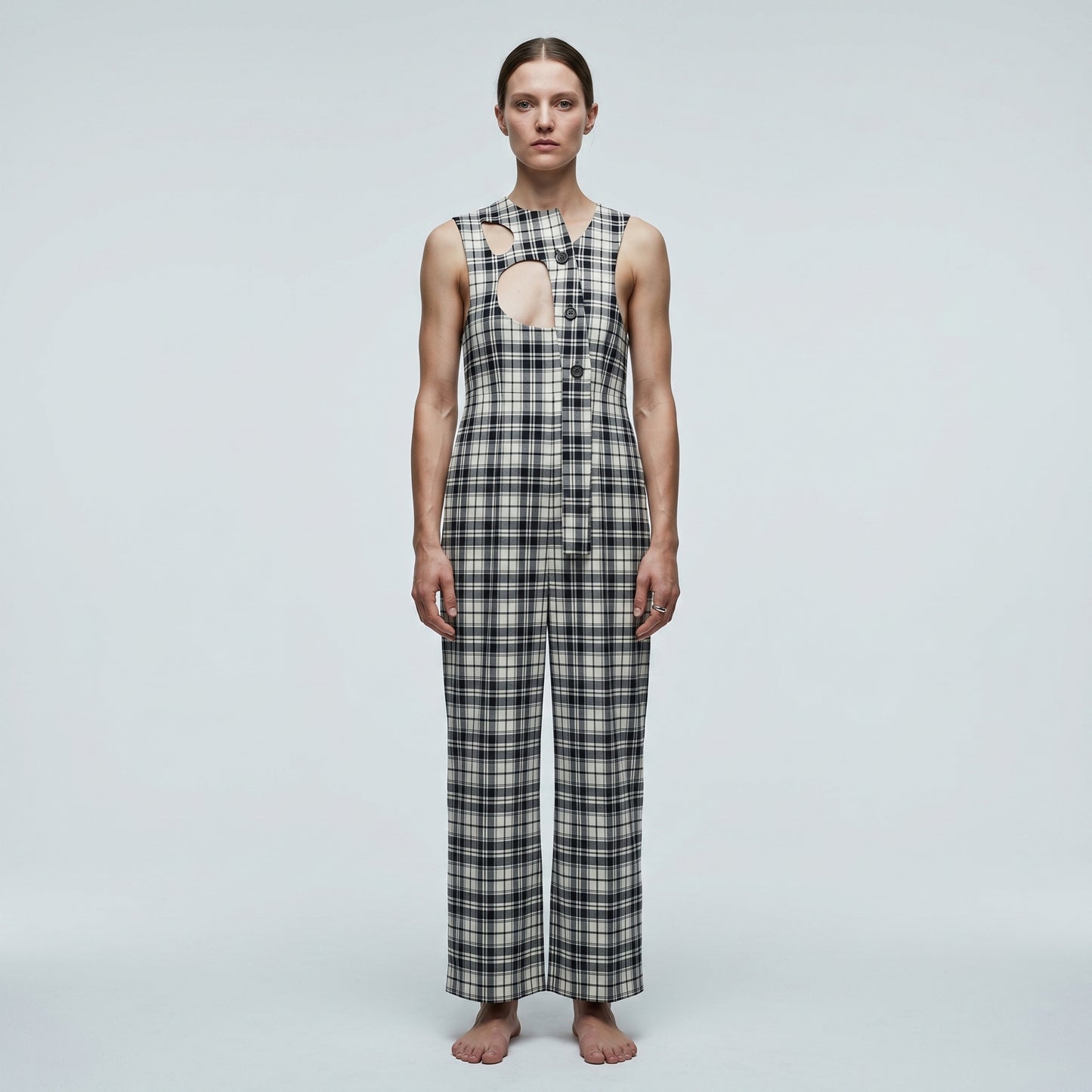 Structured Plaid Cutout Jumpsuit