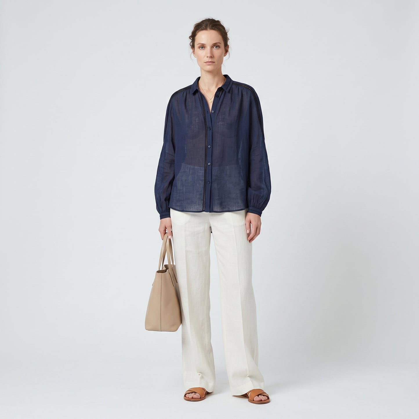 Navy Lace Trim Linen Shirt