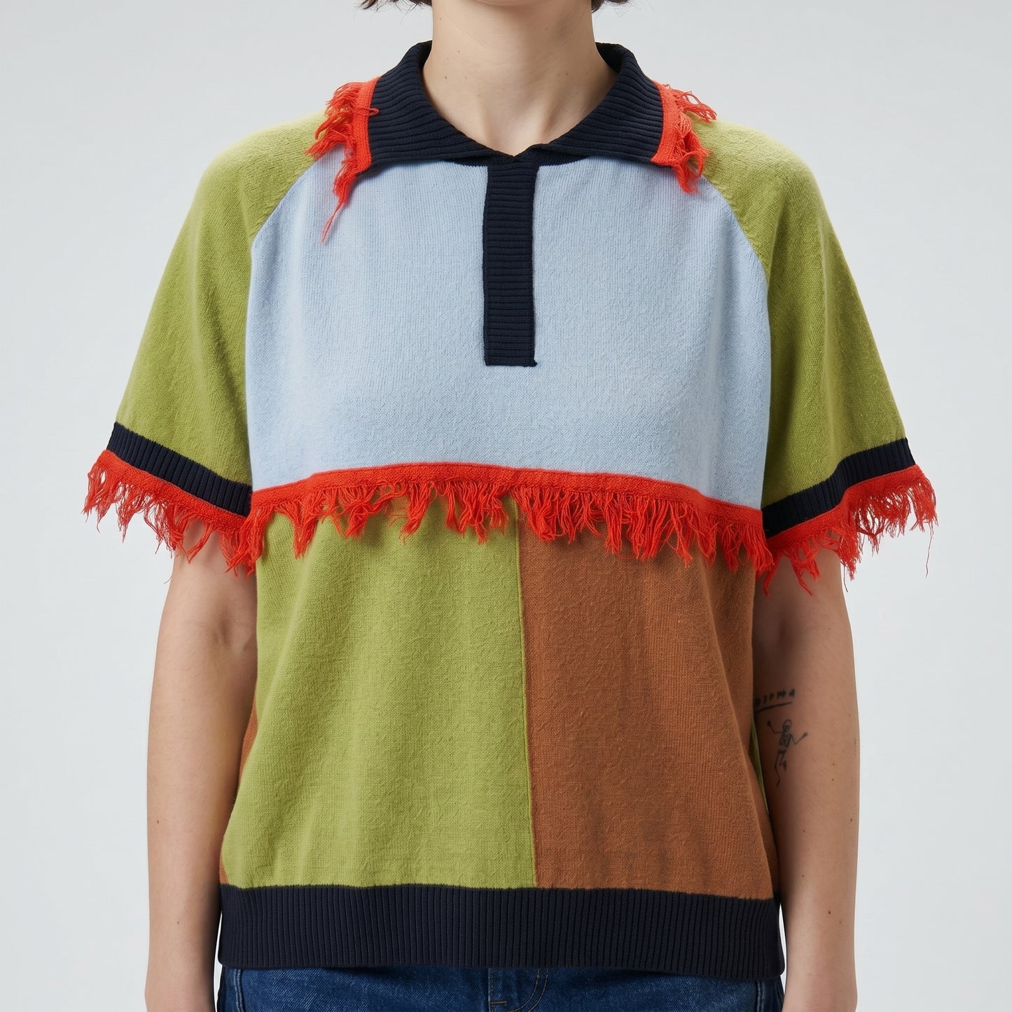 Colorblocked Fringe Knit Polo