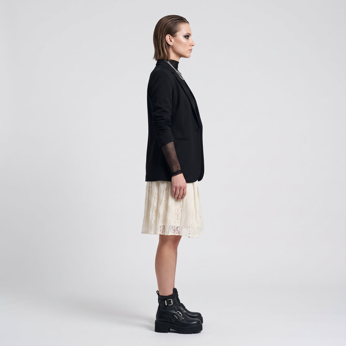 Pleated Lace Insert A-Line Skirt